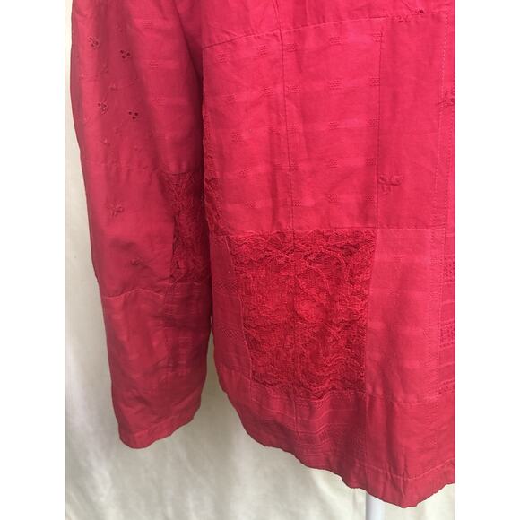 Coldwater Creek Red Cotton Eyelet Lace Patchwork Quilt Embroidered Blazer M Xmas - Picture 4 of 10